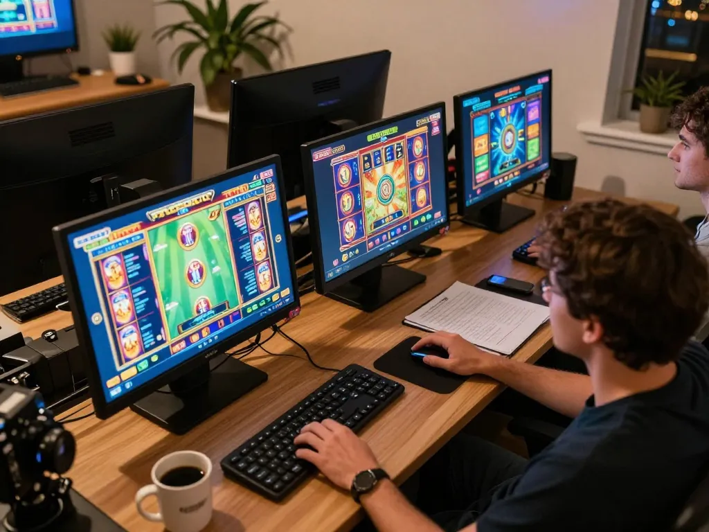 PULSASLOT player's engaging online slot session with colorful games on multiple screens