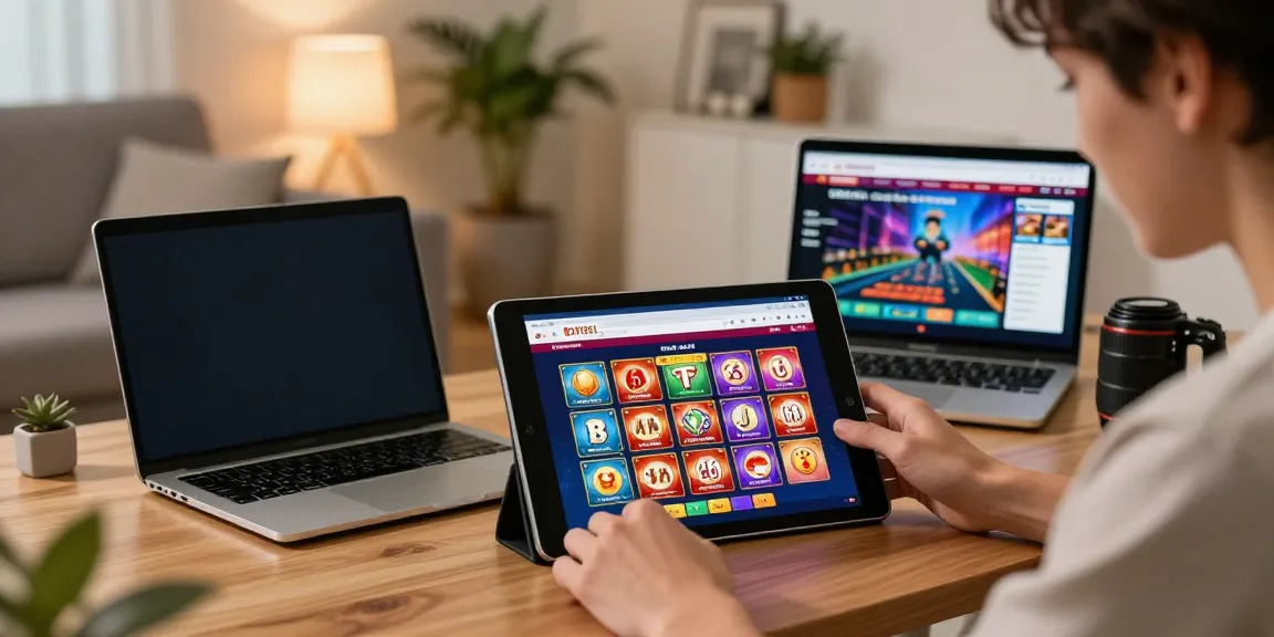 Pengguna yang berinteraksi dengan halaman link RATUTOGEL di tablet sambil bersantai di ruang tamu modern.