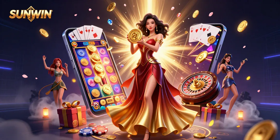 SUNWIN offers exciting casino gaming experiences, featuring colorful slots, golden coins, and vibrant characters.