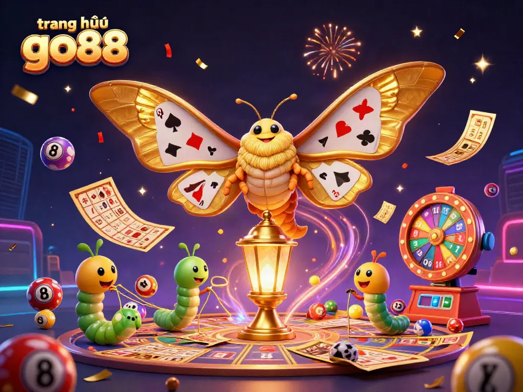 Experience thrilling excitement with trang chủ go88's vibrant casino-themed illustration featuring lottery balls, confetti, and a majestic moth.