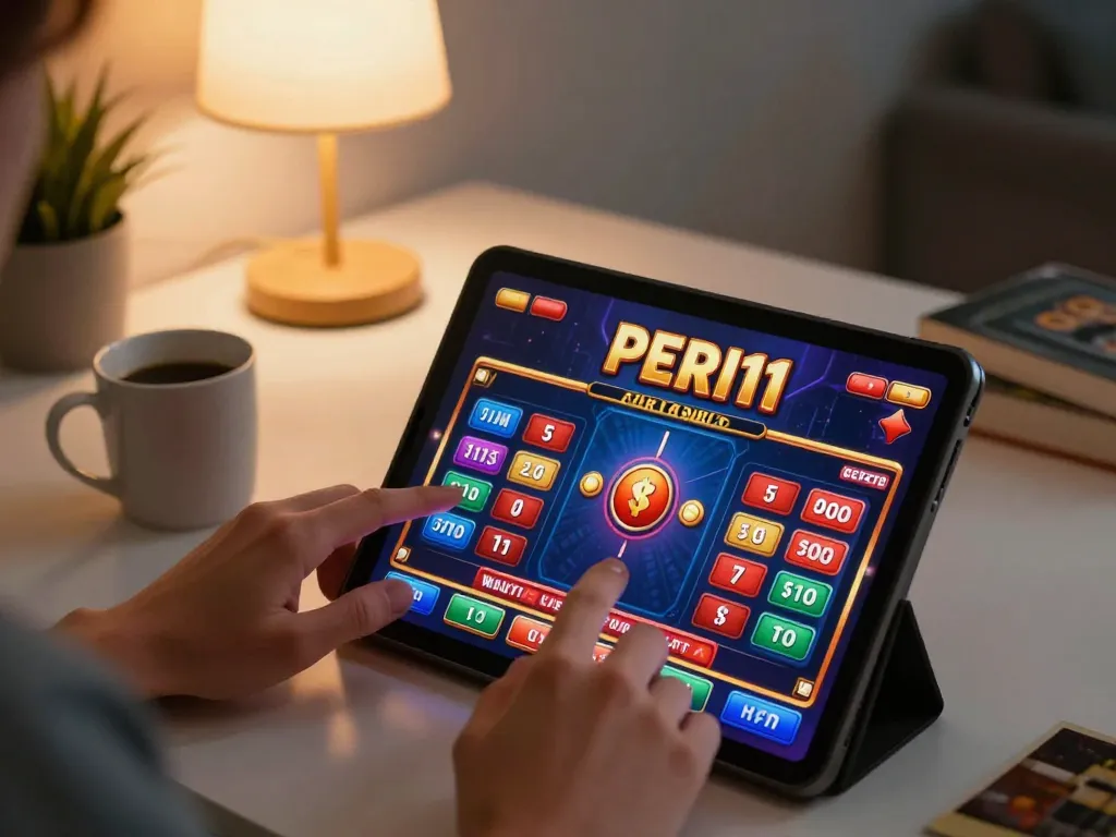Engaging player enjoying PERI11 online gaming experience with vibrant interface in a cozy home setting.