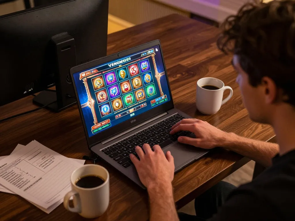 Engaging gameplay on VENOM889 with vibrant slot icons and cozy home atmosphere