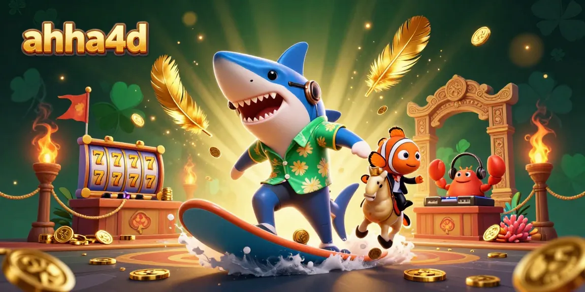 Experience thrilling wins at ahha4d with cartoon characters celebrating on gold coins and slot machines.