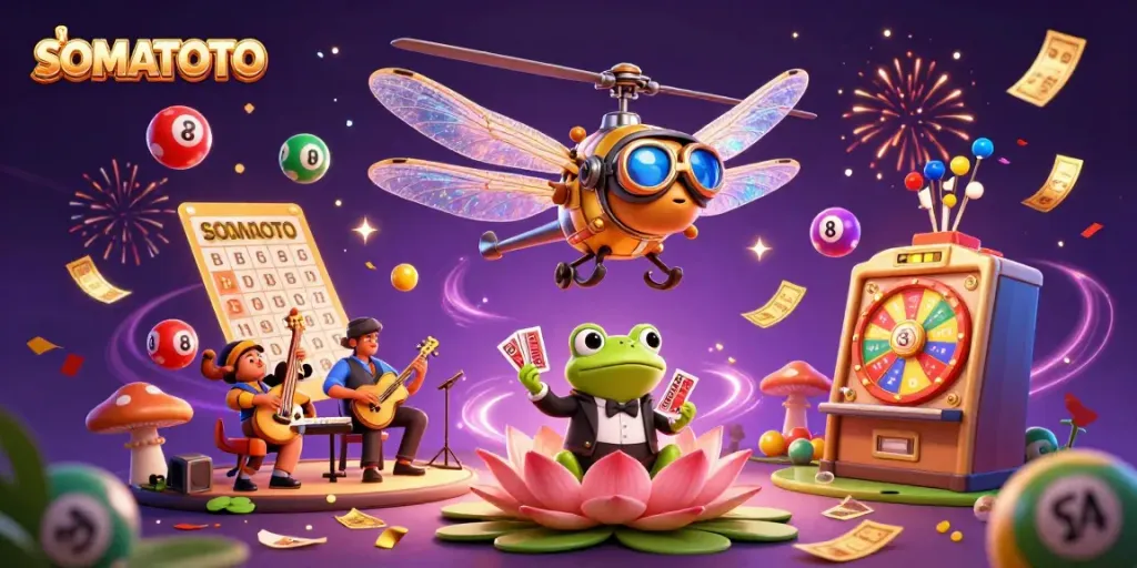 SOMATOTO showcases exciting casino adventures with a vibrant dragonfly pilot and animated frog croupier.