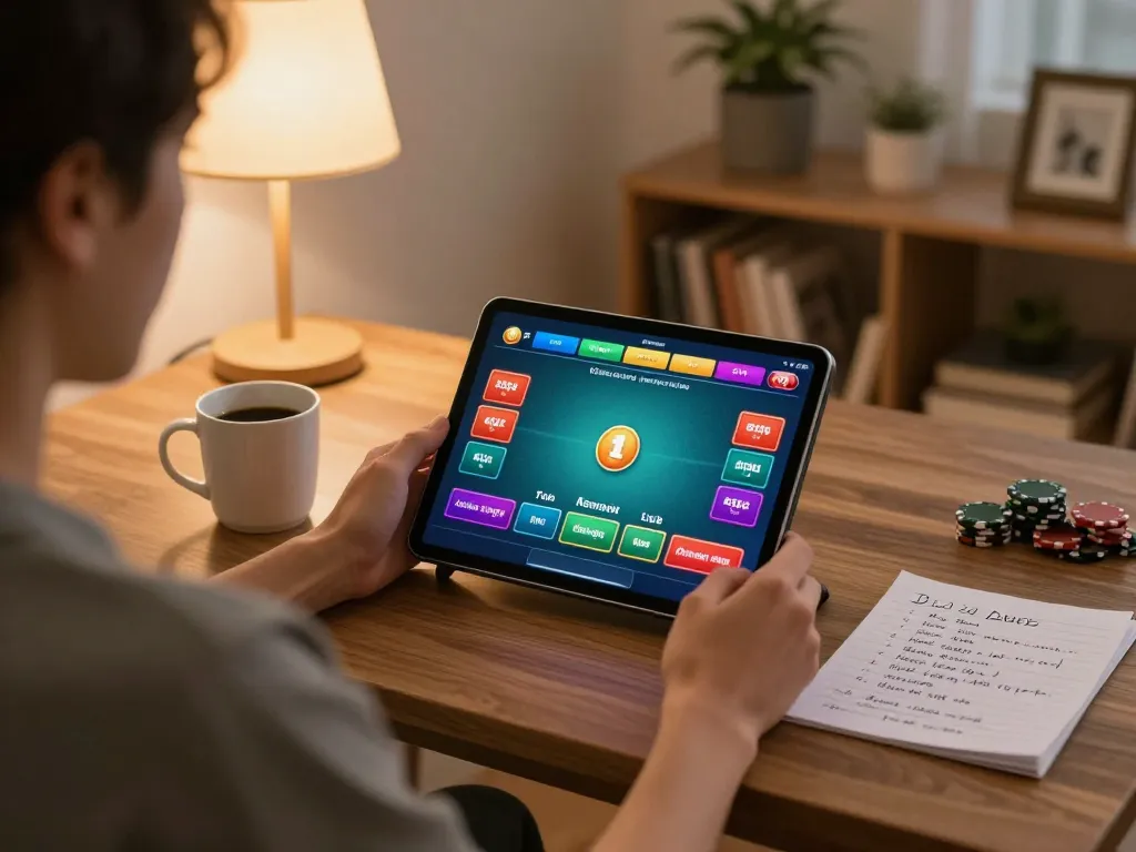 Engaging with ga28 online casino gameplay on a tablet in a cozy living room setting