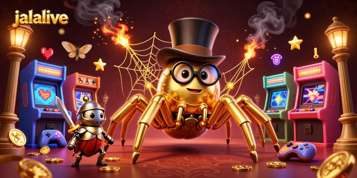 Watch the captivating jalalive scene featuring a golden tarantula weaving a golden web amidst vibrant casino elements.