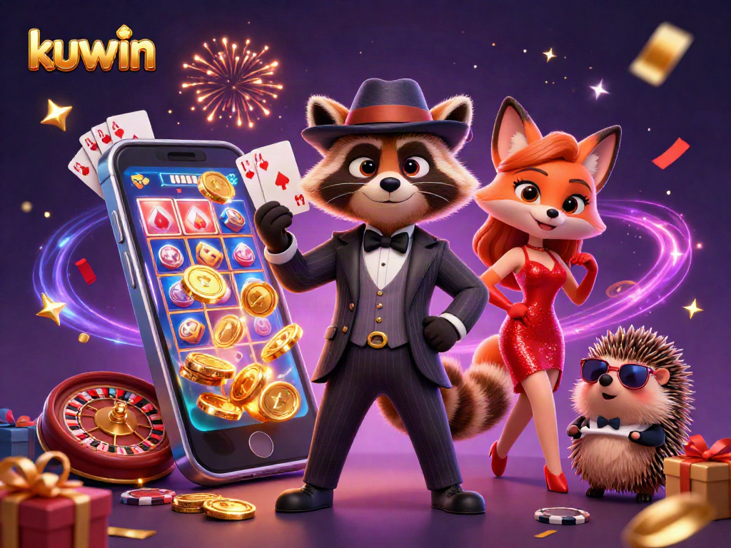 Kuwin casino scene featuring a raccoon in a suit winning with a royal flush, surrounded by colorful slot games and gold coins.