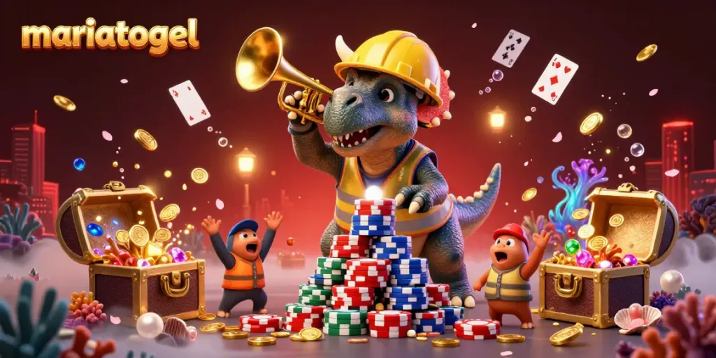 Cheerful scene of triceratops and parasaurolophus celebrating 'mariatogel' with vibrant casino elements.