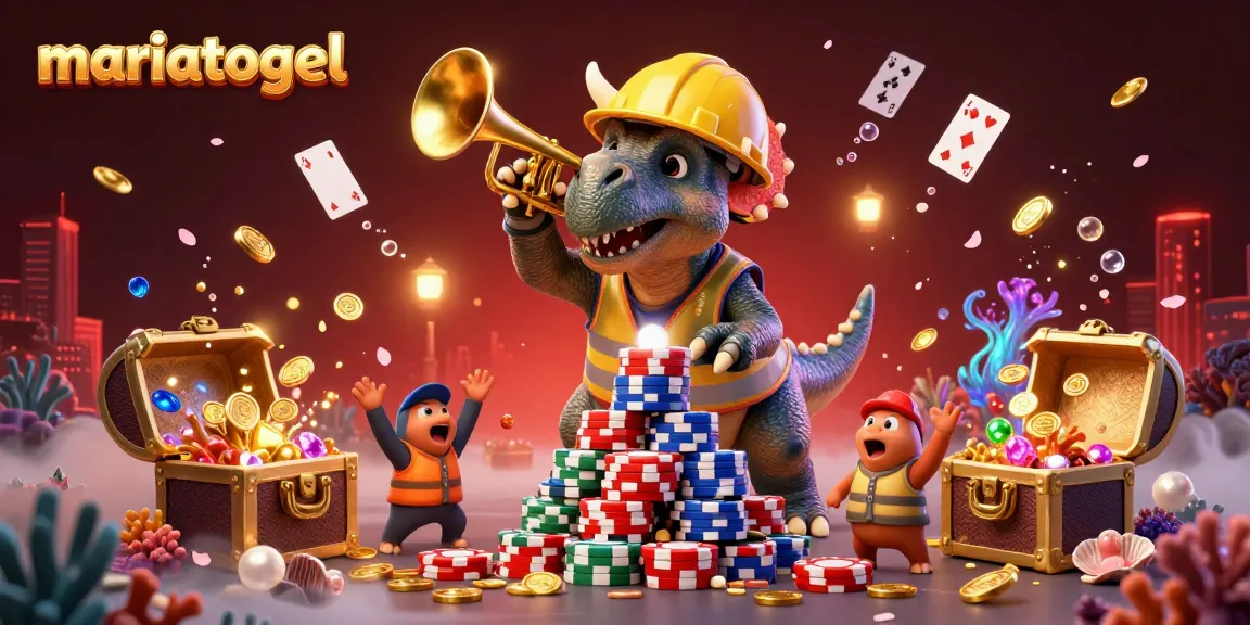 Cheerful scene of triceratops and parasaurolophus celebrating 'mariatogel' with vibrant casino elements.