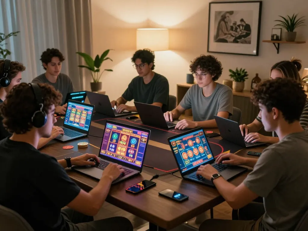 IDNSCORE players enjoying online casino gaming from home, capturing strategic gameplay and cozy atmosphere