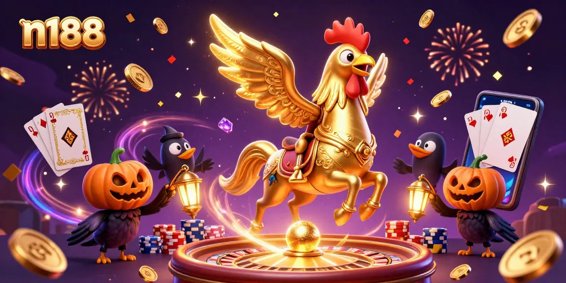 Experience n188's thrilling casino atmosphere with golden rooster and magical elements.