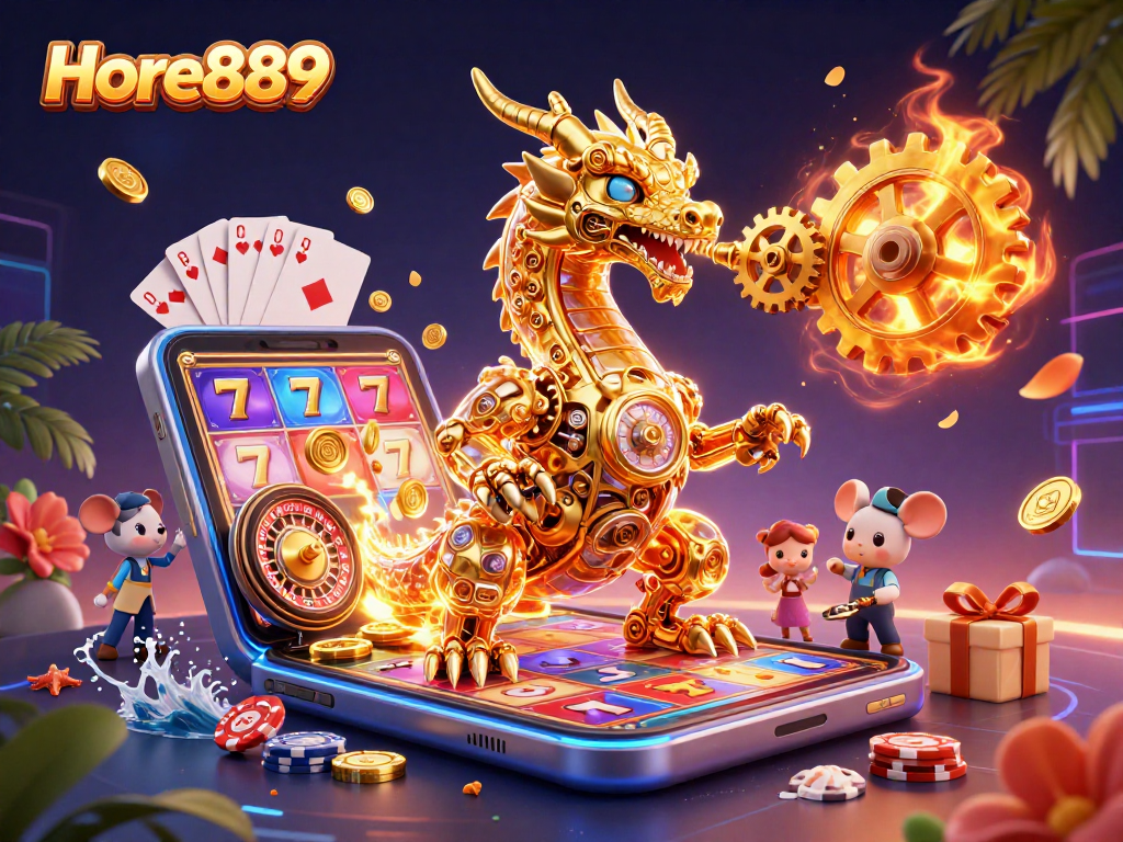 Experience the thrilling action at Hore889 with a golden dragon breathing gears in a vibrant casino setting.