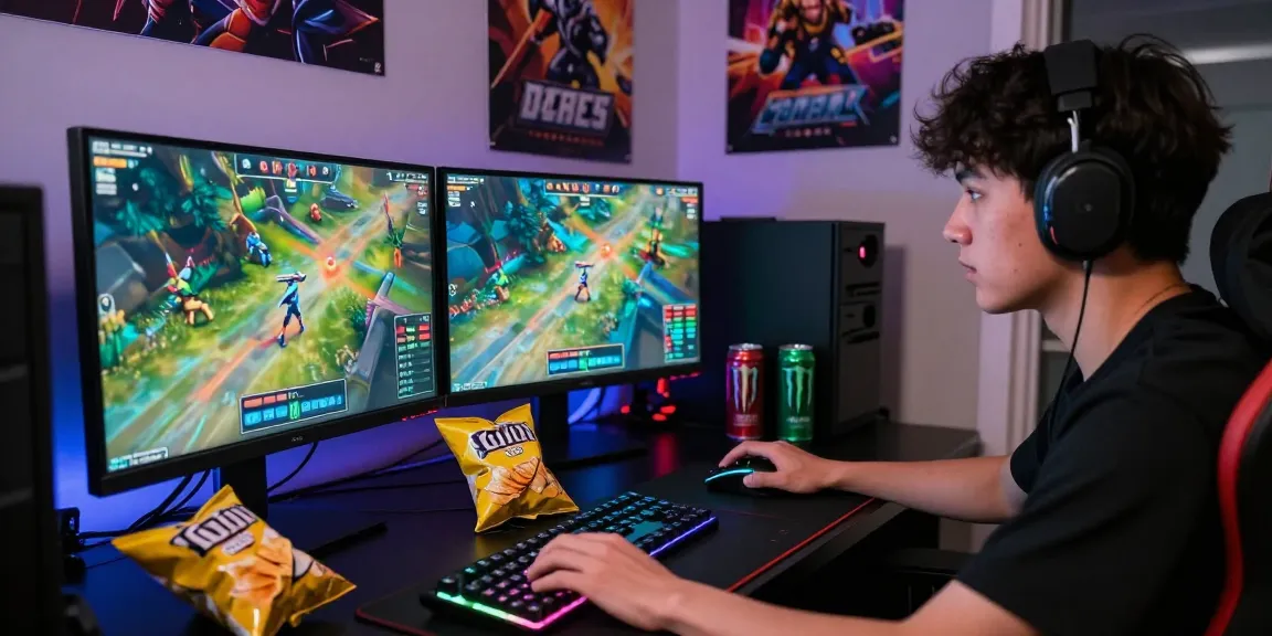 Aktivitas bermain sniperslot di ruang permainan dengan gamer fokus dan peralatan gaming canggih.