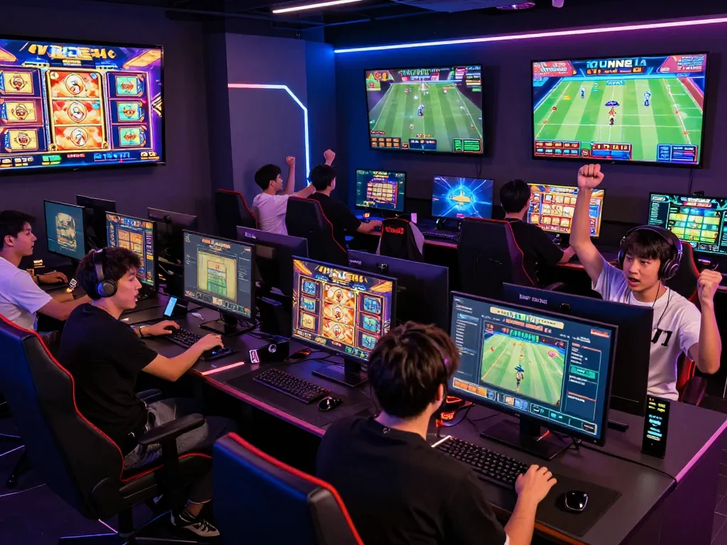 Pemain menikmati permainan slot VIRUS88 di lounge permainan online yang semarak, menunjukkan kegembiraan dan strategi.