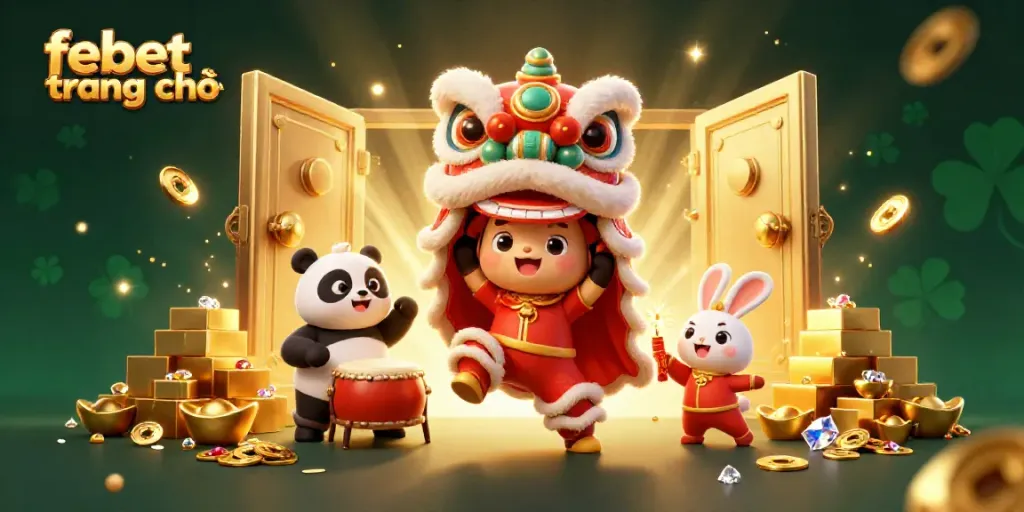 Experience the excitement of febet trang chủ with vibrant casino-themed characters and gold treasures surrounding them.