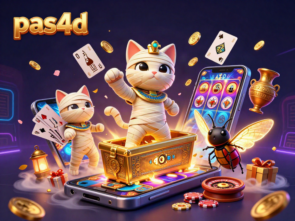 Melihat pas4d dengan mumi kucing dan scarab di kasino piramid ramai dengan elemen permainan.