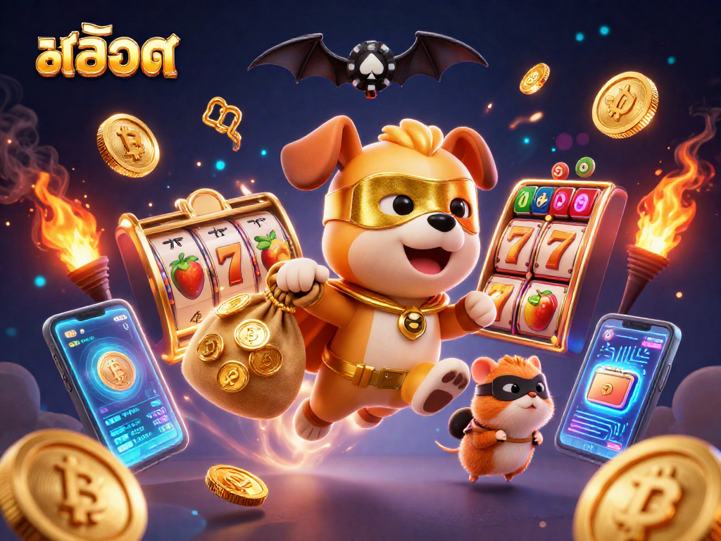 Experience thrilling สล็อต gaming with our dynamic 3D illustration of a superhero dog and sidekick.