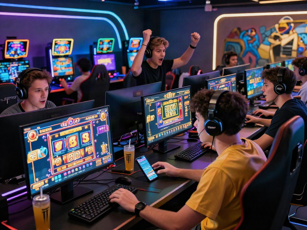 Excited players enjoying slot gacor games in a vibrant online gaming lounge, celebrating wins.