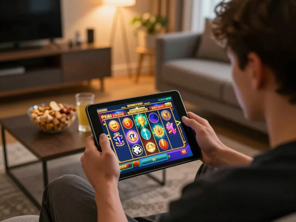 Player immersed in online slot gaming on tablet in a cozy setting showcasing UGDEWA's engaging features