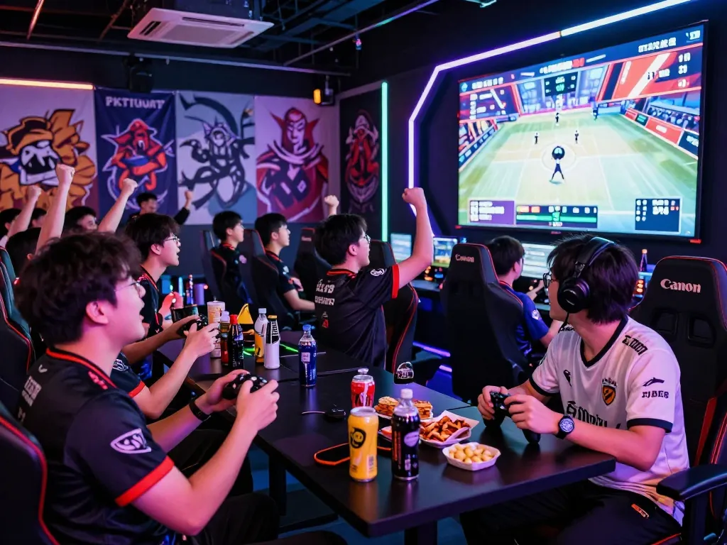 Exciting gaming tournament at mantra88.net with players cheering and vibrant arena atmosphere.