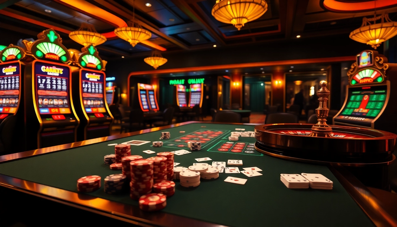 Experience the excitement of gg88 com with a luxurious online gambling setup featuring vibrant slot machines and poker elements.