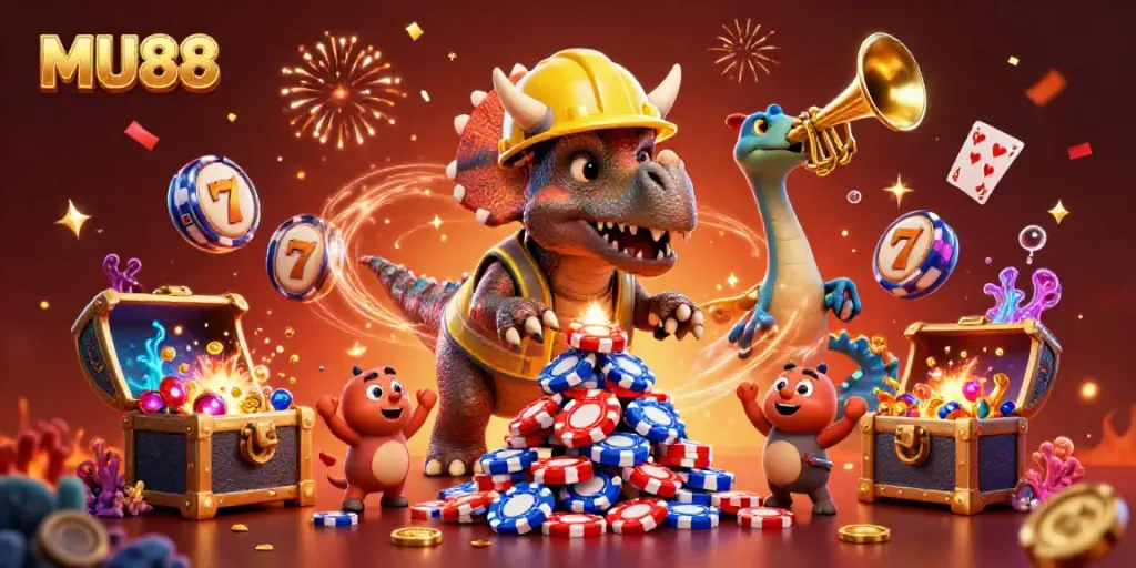 MU88 showcases a vibrant 3D scene with animated dinosaurs celebrating and building poker chips.