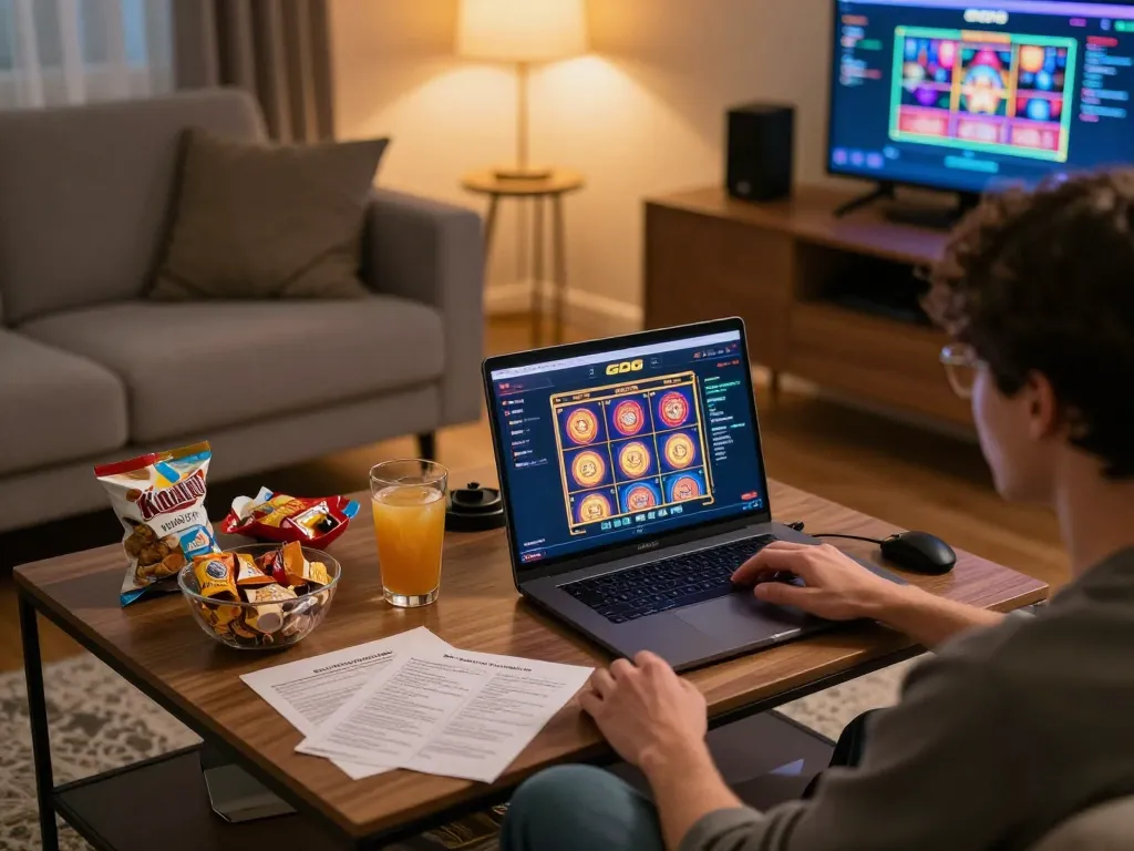 Player engaging with GO8 online casino interface, showcasing vibrant slot graphics.