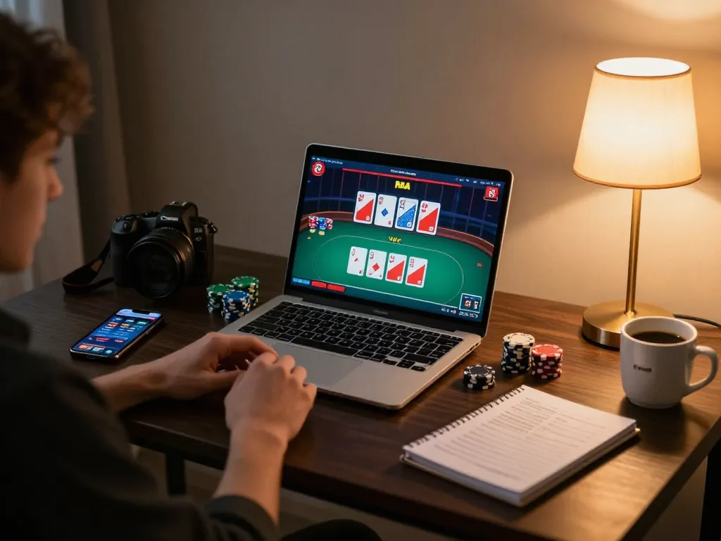 Person engaged in GG88 live poker game on laptop, showcasing a dynamic and exciting online gaming atmosphere.