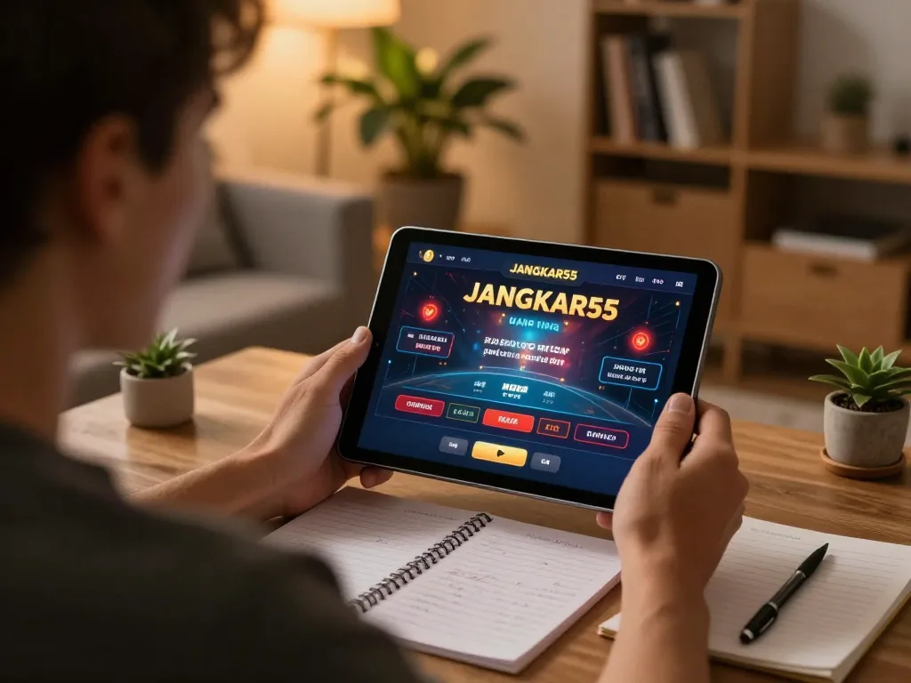 Player engages with JANGKAR55 app on tablet, showcasing strategic online gambling.