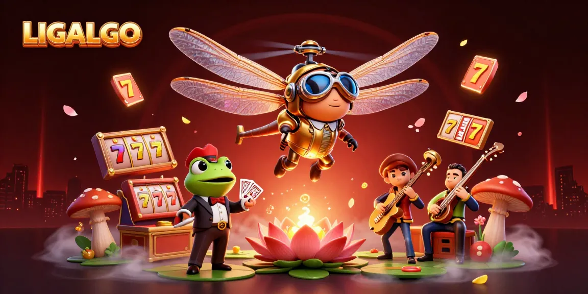 LIGALGO dragonfly pilot leads a vibrant casino scene with card-dealing frog and jazz crickets.