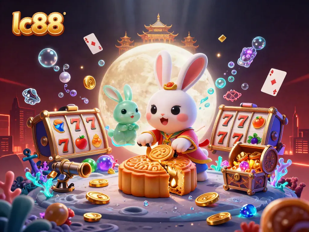 Engage in exciting slots at lc88, featuring a vibrant 3D scene with golden mooncakes and poker chips.