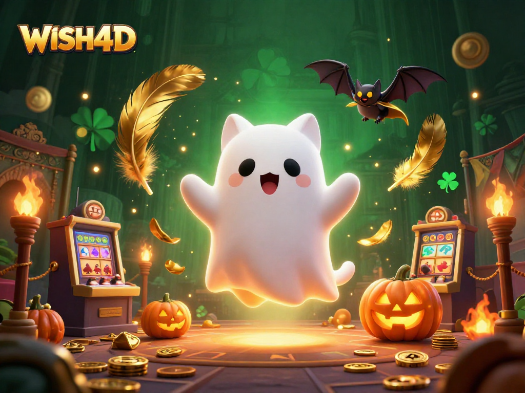 Gambarkan WISH4D secara menarik dengan kucing hantu dan elemen kasino belantara.