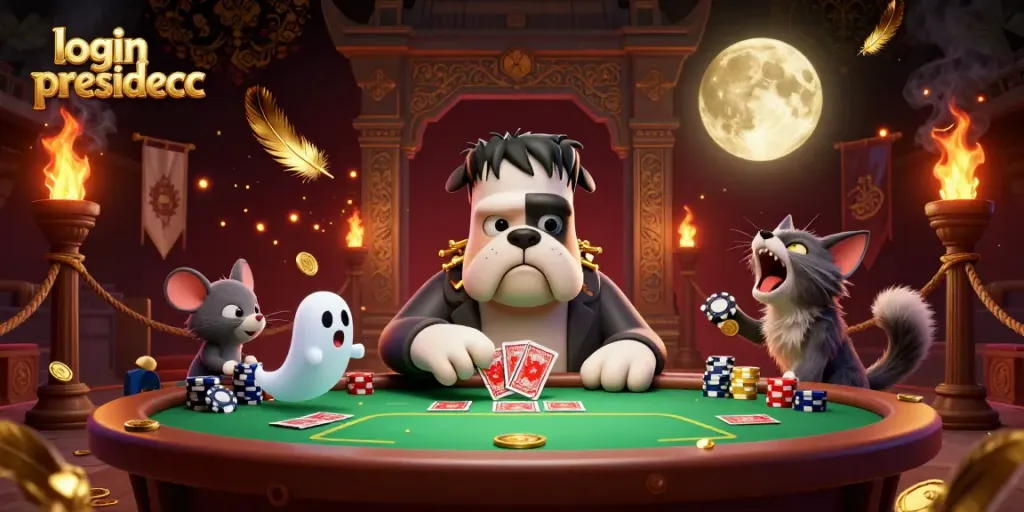 Engaging scene of 3D cartoon Frankenstein bulldog monster dealing cards at login presidencc poker table, with vibrant casino elements.