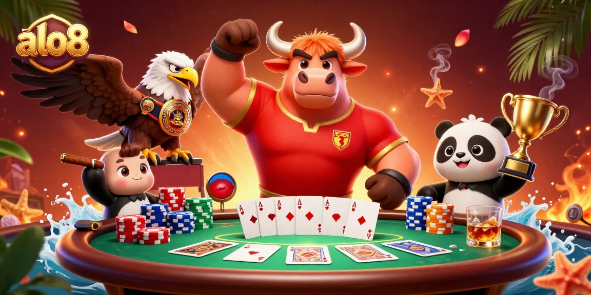 Alo8 enhances casino excitement with a bull mascot, eagle, and panda around poker elements.