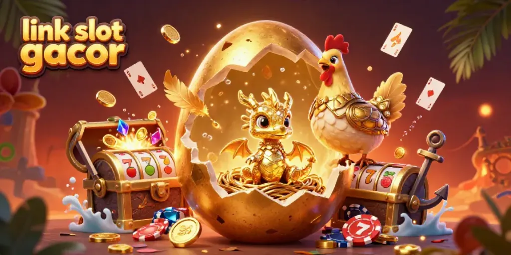 Menangkan permainan dengan link slot gacor yang menampilkan naga emas dan chip poker yang berkilau.