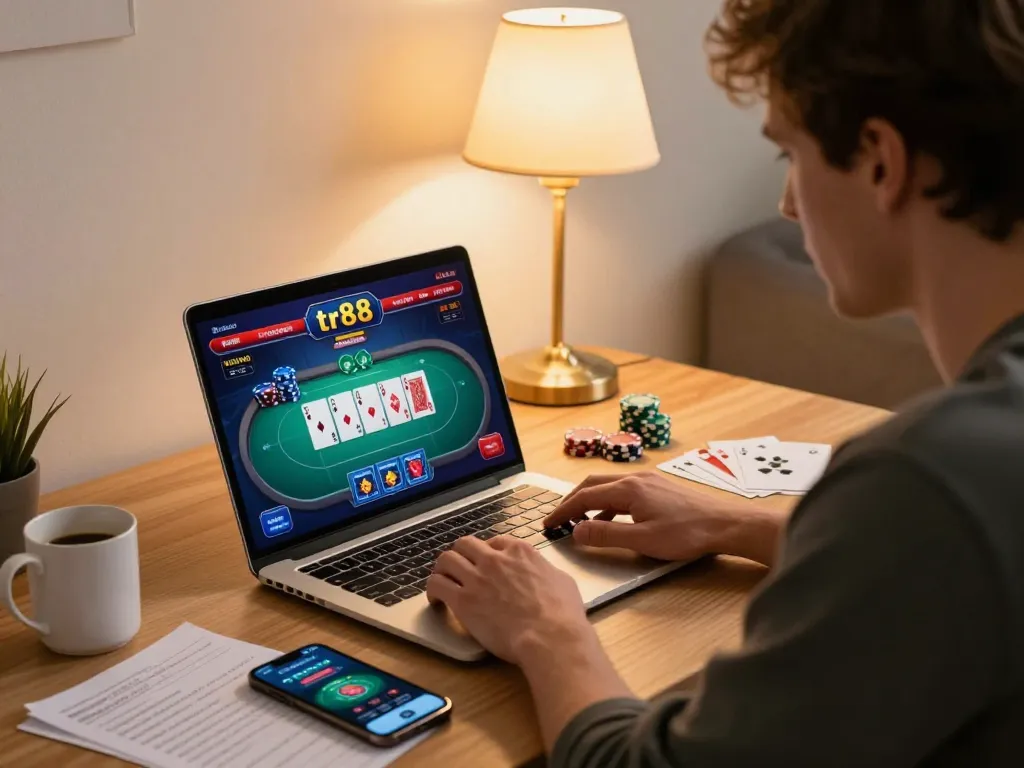 Player strategically betting at tr88 online poker table on laptop, showcasing modern gambling.