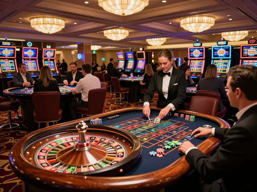 Kaisar 888 players engage excitedly at a vibrant roulette table in a luxurious casino atmosphere.