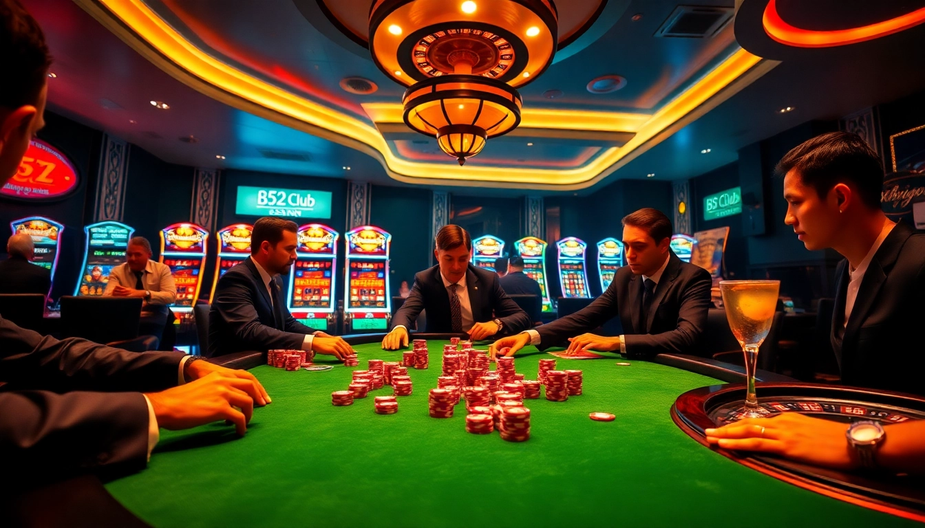 Experience thrilling gaming action at B52 Club with vibrant poker tables and exciting slot machines.