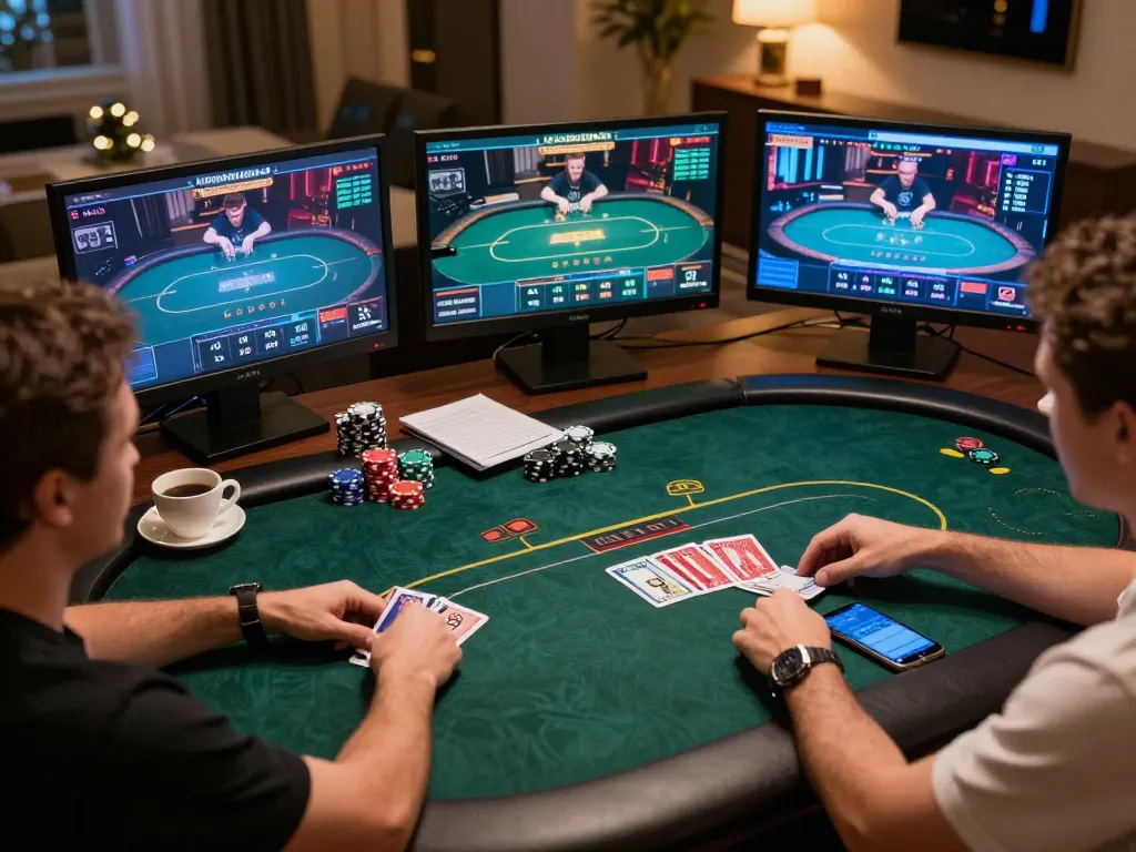 Pemain terlibat dalam permainan poker online yang intens di platform Jalatogel dari pengaturan rumah modern.
