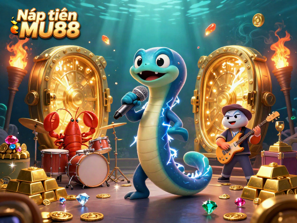 Engage with Nạp tiền MU88 at the vibrant underwater casino, surrounded by lightning effects and treasures.