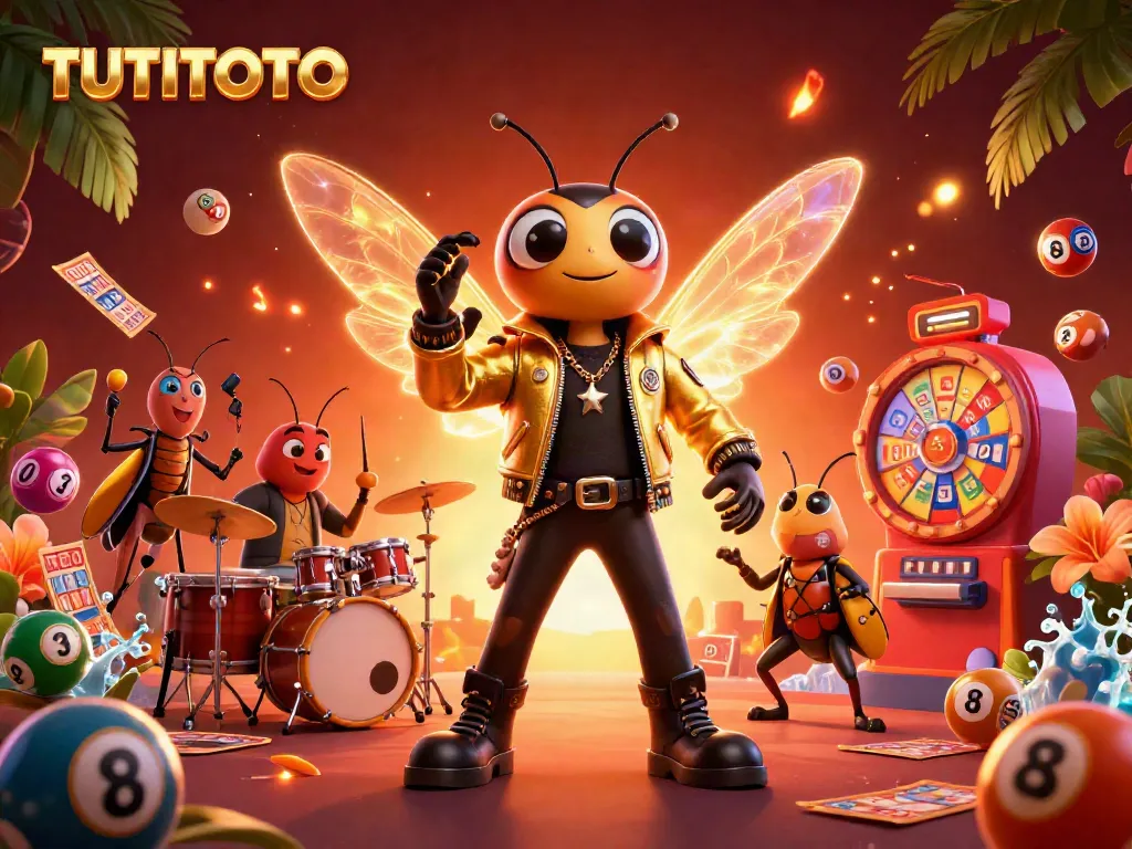 Experience thrilling lottery action with TUTITOTO's vibrant scene of a rock star and crickets.