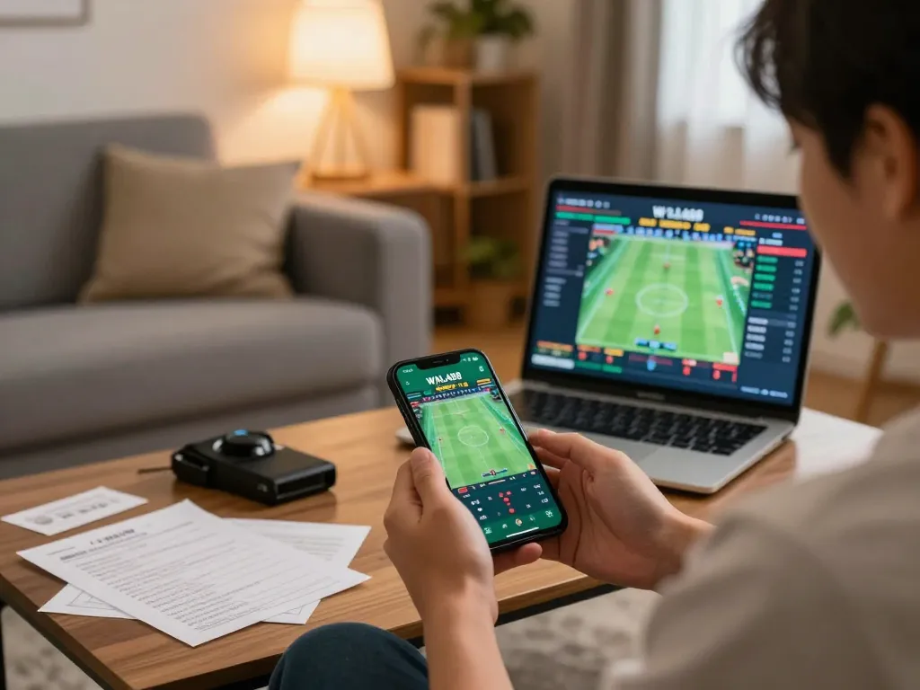 Engaging scene of a person using the WALA88 đá gà app for live betting, showcasing a dynamic online gambling experience.