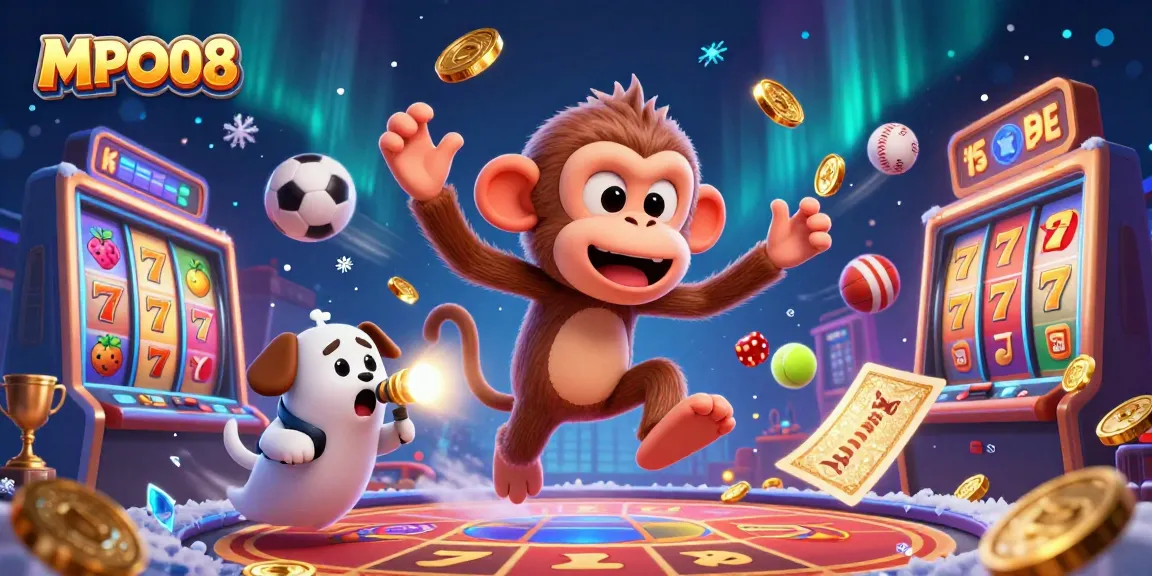 MPO08 brings thrilling wins with dynamic slot reels and golden coins swirling around in this vibrant casino scene.