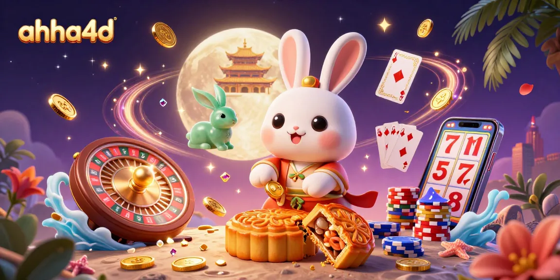 Engage with ahha4d as the moon rabbit crafts mooncakes revealing poker chips amidst a lively casino scene.