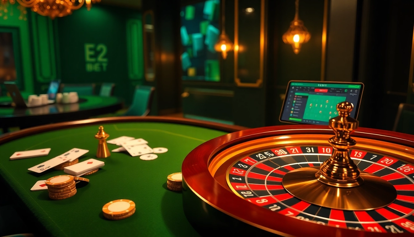 E2bet online casino experience featuring a high-stakes poker table and vibrant roulette wheel.