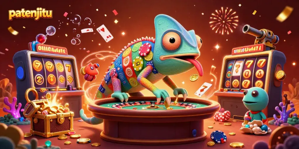 Patenjitu menghadirkan chameleon kasino berwarna cerah menangkap koin emas di tengah perayaan kasino.