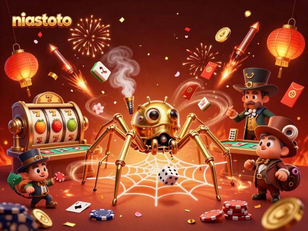 Gambarlah niastoto dengan laba-laba steampunk yang menangkap dadu dan elemen slot yang ceria.