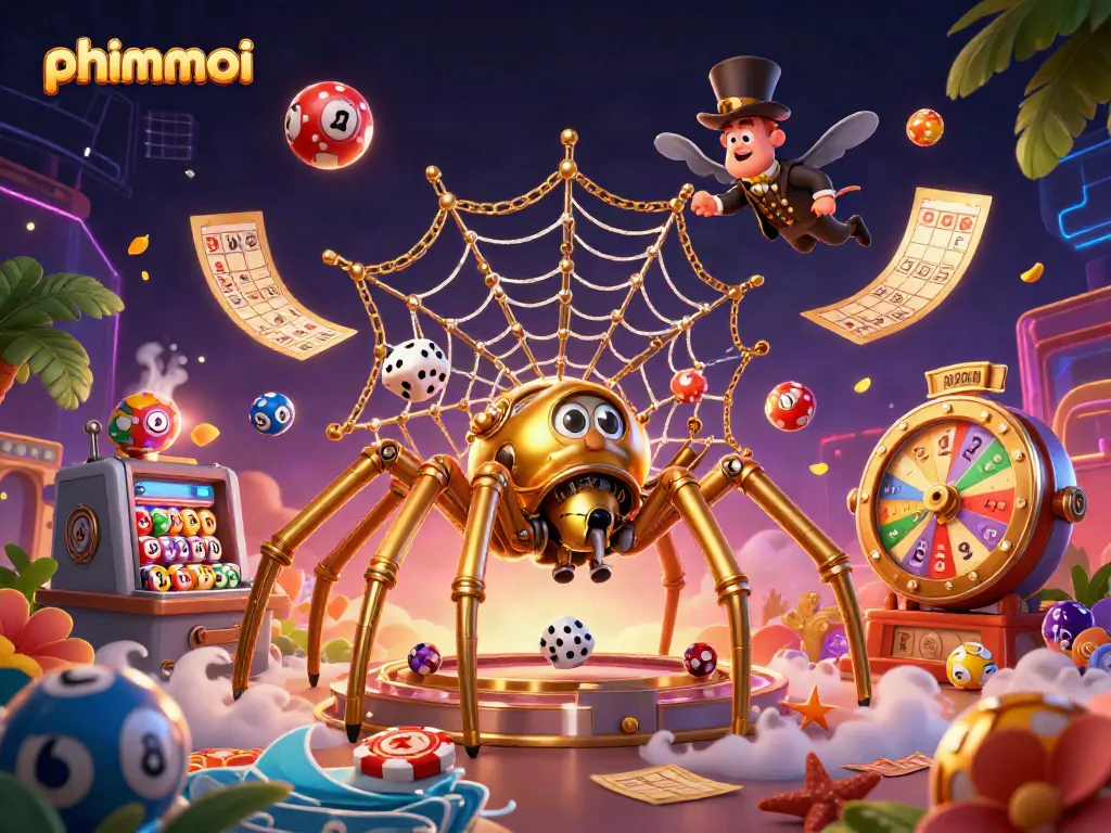 Engage with phimmoi's vibrant gambling world featuring animated characters amidst colorful lottery and bingo elements.