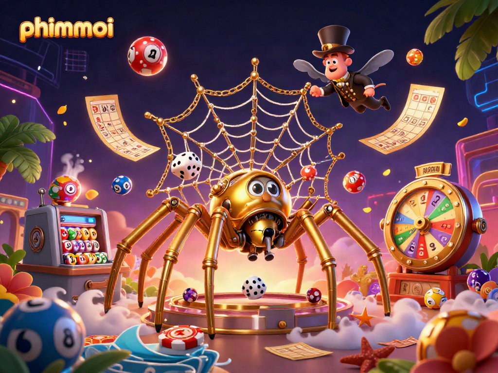 Engage with phimmoi's vibrant gambling world featuring animated characters amidst colorful lottery and bingo elements.