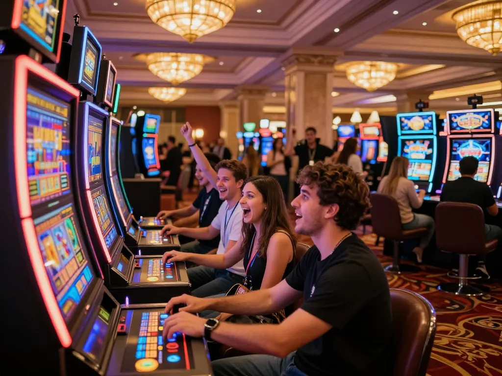 LIGALGO players celebrating wins at vibrant slot machines in a lively casino.